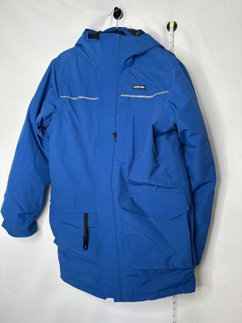 Lands End Mens Hooded Winter Parka Jacket Blue M Reflective Insulated Coat